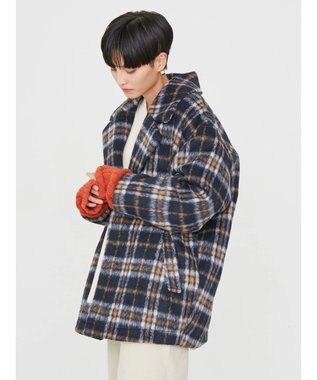 AMERICAN HOLIC チェックコクーンミディコート Check Navy