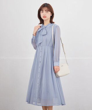 Tiaclasse L 【2WAY取り外しリボン付き】リボンタイラメシフォンワンピース サックス