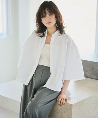 #Newans 【洗濯機可能/シワになりにくい】〈お尻・太ももをカバー〉フレアスリーブイタリアンカラーシャツ ホワイト