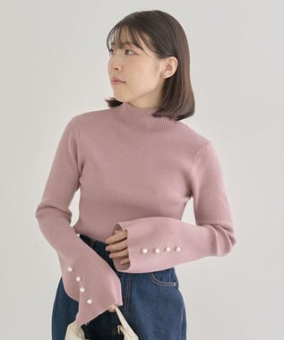 Green Parks ・ｓｗｉｎｇ　ｂｙ　袖パールボタンハイネックニット Pink