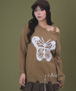 WEGO バタフライダメージニット ブラウン