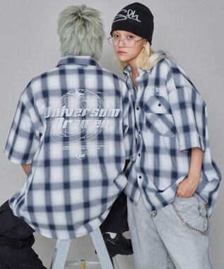 WEGO 【ユニセックス着用ITEM】グラフィックオンブレチェックシャツ（SS） ネイビー