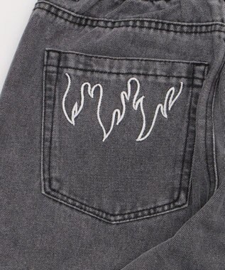 WEGO 刺繍ロゴバレルレッグパンツ デニムブラック