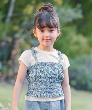 ANY KIDS キャミソール ドッキング Ｔシャツ ホワイト×ネイビー花柄