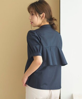 Feroux 【洗える】バンドカラーパールボタン ブラウス ネイビー系