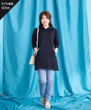 Tiaclasse 【洗える】パールポケット付きニットチュニックパーカー ネイビー