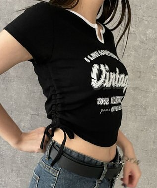 WEGO 配色サイドギャザーVネックT ブラック