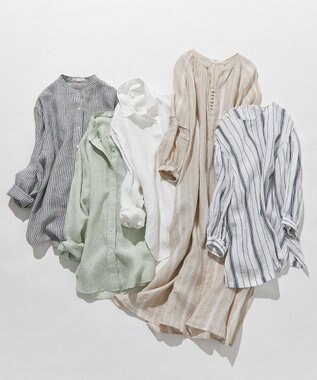 23区 【洗える】LIBECO カフタン ワンピース ベージュ×オフストライプ