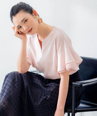 組曲 【汗ジミ防止・撥水】GIZAプレーティング天竺袖フリル カットソー ピンク系