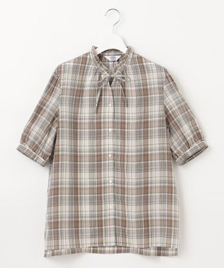 J.PRESS LADIES 【洗える】キュプラチェック フリルスタンドカラー ブラウス ベージュ系3