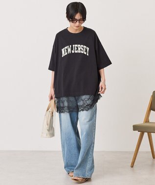 AMERICAN HOLIC カレッジロゴレースドッキングＴシャツ Black