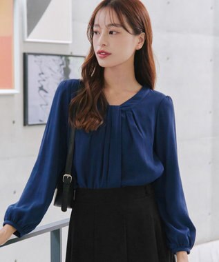 Tiaclasse 【スマート裏起毛】 ボウタイ風ブラウス ダークブルー