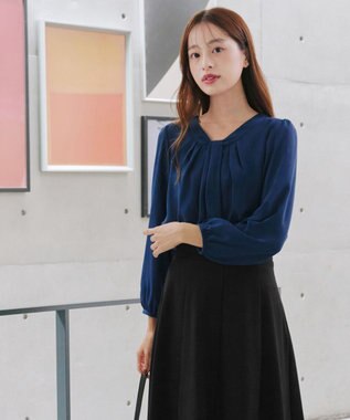 Tiaclasse 【スマート裏起毛】 ボウタイ風ブラウス ダークブルー