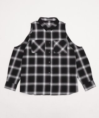 WEGO オープンショルダーチェックBIGシャツ ブラック
