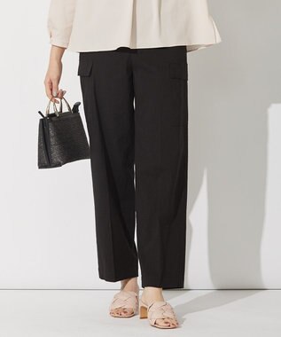 自由区 L 【洗える・ストレッチ素材】リネンヴィスコース ストレッチ カーゴパンツ ブラック系