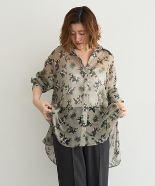 YECCA VECCA フラワー柄シアーロングシャツ Light Khaki