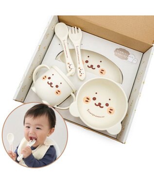 Mother garden しろたん シリコン ベビー食器セット 《顔ぼん柄》  箱入り ホワイト