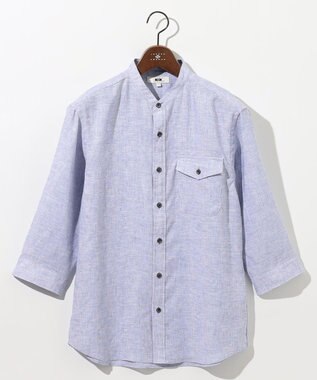 JOSEPH ABBOUD 【麻100％・軽い・涼しい】 モイスチャーリネンバンドカラーシャツ サックスブルー系