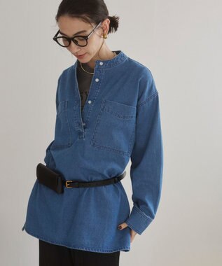 WEGO 【ANGIE VINTAGE】襟が選べる デニム チュニック シャツ （バンドカラー/レギュラーカラー） ブルー