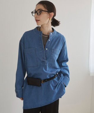 WEGO 【ANGIE VINTAGE】襟が選べる デニム チュニック シャツ （バンドカラー/レギュラーカラー） ブルー