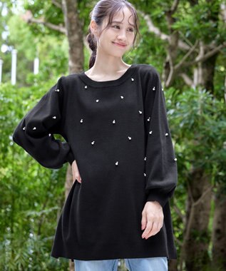 Tiaclasse 【洗える】パール付きニットチュニック ブラック