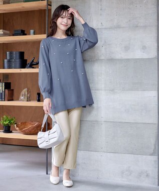 Tiaclasse 【洗える】パール付きニットチュニック ブルー