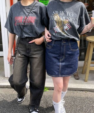 WEGO 【綿100%】ヴィンテージウォッシュグラフィックTシャツ スミクロ