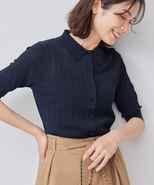 組曲 L 【WEB限定カラーあり】衿付きシアーニットポロ ブラック系