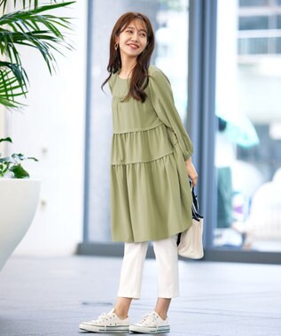 Tiaclasse L 【洗える】ティアードチュニックブラウス ライトカーキ