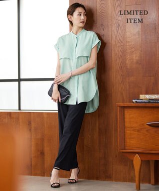 ICB 【洗える】ヌーディスローン  バンドカラーブラウス ライトグリーン系