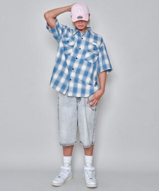 WEGO 【ユニセックス着用ITEM/MLサイズ展開】イラストオンブレチェックシャツ（SS） ブルーチェック1