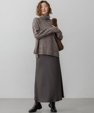 23区 【洗える】ミックスブークレ サイドスリットタートルニット ブラウンマルチ