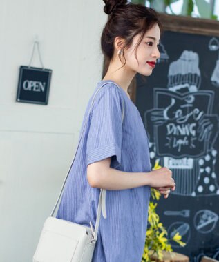 Tiaclasse 【洗える】体型カバーも叶う幅広カフスチュニックブラウス ブルーストライプ