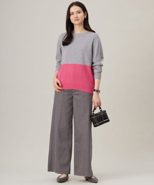 自由区 S 【洗える】セミウーステッドウールボートネック ニット ライトグレー×ピンク