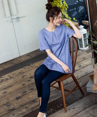 Tiaclasse 【洗える】体型カバーも叶う幅広カフスチュニックブラウス ブルーストライプ