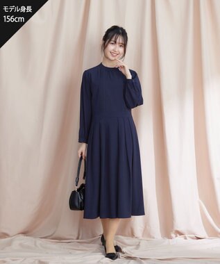 Tiaclasse 【洗える】ハイネックピンタックワンピース ネイビー