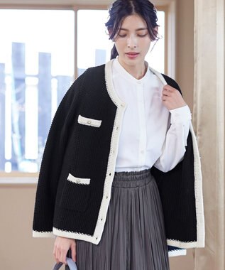 Tiaclasse 【洗える】ミドル丈配色ノーカラーニットジャケット ブラック