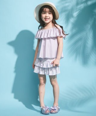 ANY KIDS ギンガムチェック×花柄セパレート水着 ラベンダーギンガム×花柄