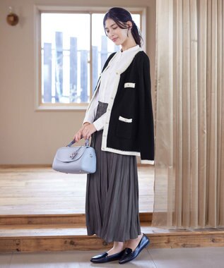 Tiaclasse 【洗える】ミドル丈配色ノーカラーニットジャケット ブラック