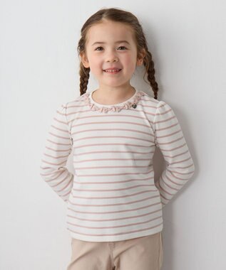 ANY KIDS リボン×ボーダー長袖Tシャツ ピンク×エクリュ