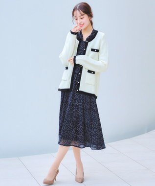 Tiaclasse 【洗える】ミドル丈配色ノーカラーニットジャケット オフホワイト