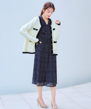 Tiaclasse 【洗える】ミドル丈配色ノーカラーニットジャケット オフホワイト