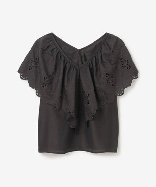 GRACE CONTINENTAL 刺繍ラッフルカラーノースリーブ トップ ブラック