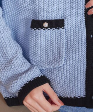 Tiaclasse 【洗える】ミドル丈配色ノーカラーニットジャケット サックス