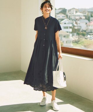 自由区 S 【カタログ掲載・接触冷感・洗える】エンブロイダリーローンシャツ ワンピース ブラック