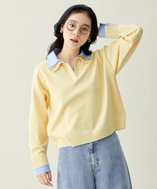 ANY L ファブリックコンビスキッパーニット イエロー×ブルー