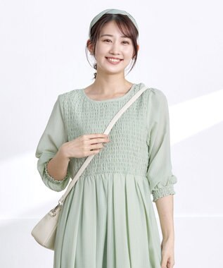 Tiaclasse 【洗える】シャーリングパフスリーブシアーワンピース ミント
