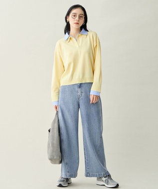 ANY L ファブリックコンビスキッパーニット イエロー×ブルー