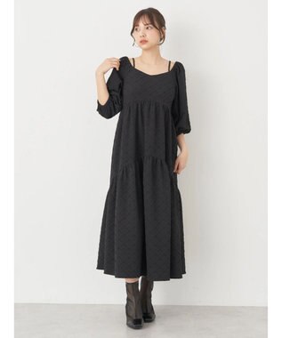 earth music&ecology ２ｗａｙパフスリーブ表面感ワンピース Black