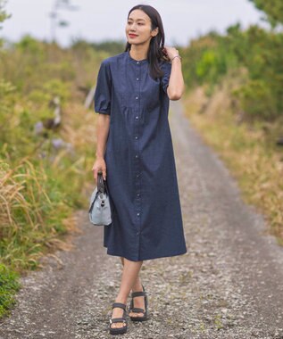J.PRESS LADIES 【洗える】麻ポリエステルストレッチ ワンピース ネイビーシャンブレー系
